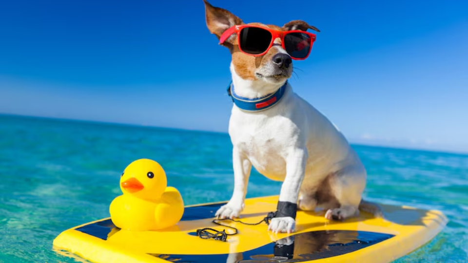 Dog relaxing on a self-cooling mat during summer heat