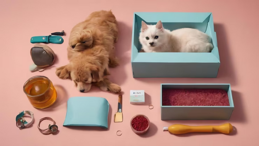 Puppies and a white cat with grooming tools, treats, and pet care products arranged neatly on a pink background.