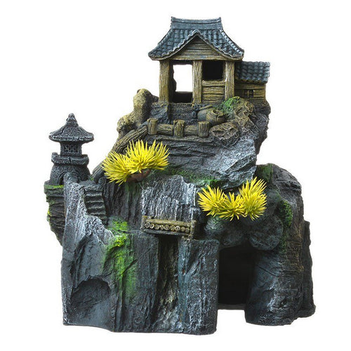 Exotic Environments Asian Cottage House with Bonsai Aquarium Ornament 7.75"L x 5.5"W x 8.5"H by Blue Ribbon Pet Products