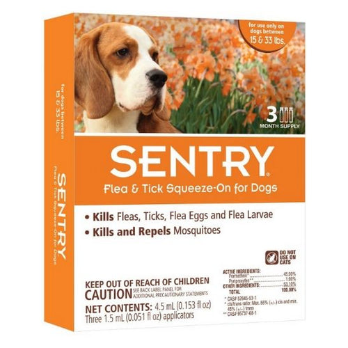 Sentry, Flea & Tick Squeeze-On for Dogs, Medium - 3 Count - (Dogs 15-33 lbs)