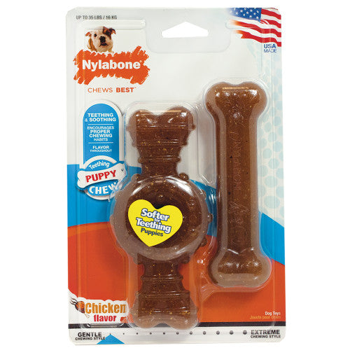 Nylabone, Nylabone Puppy Chew Ring Bone & Toy Twin Pack, Chicken, 1 Each/Medium/Wolf (2 Count)