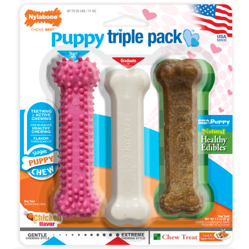 Nylabone, Nylabone Puppy Chew Variety Toy & Treat Triple Pack, 1 Each/SMall/Regular - Up To 25 Ibs.