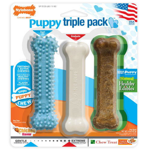 Nylabone, Nylabone Puppy Chew Variety Toy & Treat Triple Pack, 3 count, 1 Each/SMall/Regular - Up To 25 Ibs.
