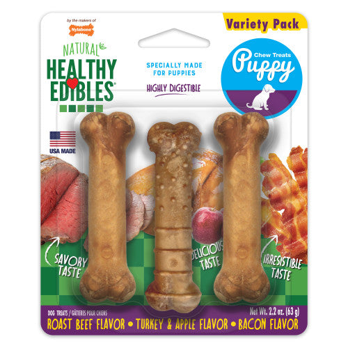 Nylabone, Nylabone Healthy Edibles Puppy Chew Treats, Roast Beef, Turkey & Apple, & Bacon, 1 Each/XS/Petite (3 Count)