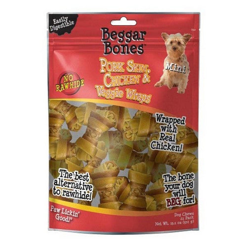 Beggar Bones Pork Skin, Chicken and Veggie Wraps Dog Treats 21 Count / Small by Savory Prime