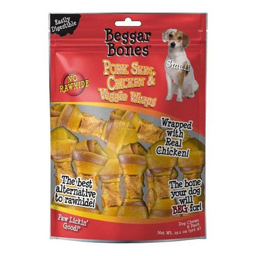 Savory Prime, Beggar Bones Pork Skin, Chicken and Veggie Wraps Dog Treats, 8 Count / Small