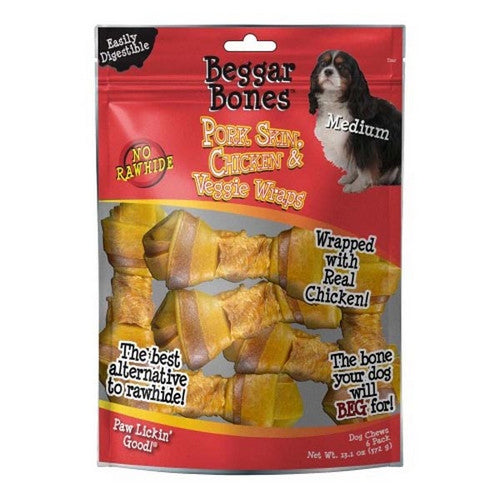 Beggar Bones Pork Skin, Chicken and Veggie Wraps Dog Treats 6 Count / Medium by Savory Prime