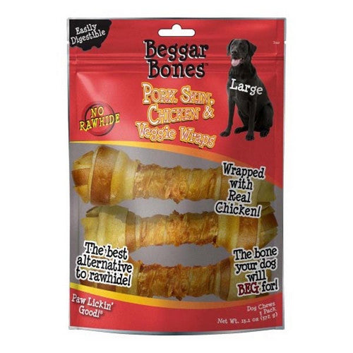 Beggar Bones Pork Skin, Chicken and Veggie Wraps Dog Treats 3 Count / Large by Savory Prime