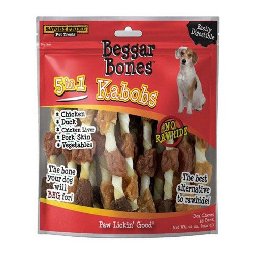 Savory Prime, Beggar Bone 5 in 1 Kabobs Dog Treats, 18 Count / 12 Oz