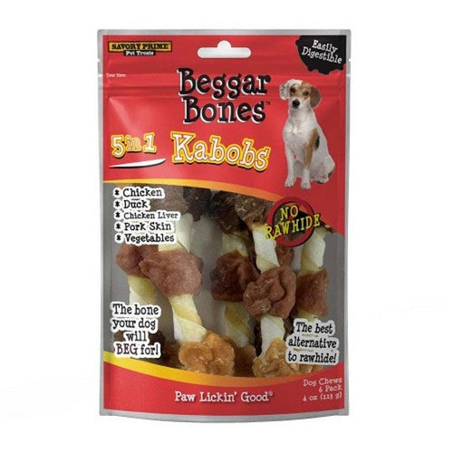 Savory Prime, Beggar Bone 5 in 1 Kabobs Dog Treats, 6 Count / 4 Oz