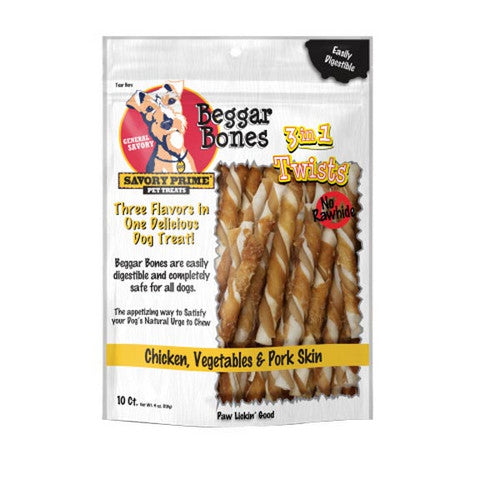 Savory Prime, Beggar Bone 3in1 Twists Dog Treat, 10 Count / Stick