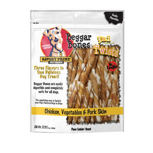 Savory Prime, Beggar Bone 3in1 Twists Dog Treat Chicken, Vegetable and Pork, 20 Count / Stick
