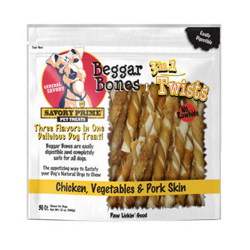 Savory Prime, Beggar Bone 3in1 Twists Dog Treat Chicken, Vegetable and Pork, 30 Count / Stick