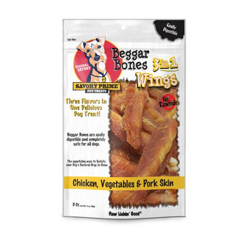 Savory Prime, Beggar Bone 3in1 Wings Dog Treat Chicken, Vegetable and Pork, 5 Count / Stick
