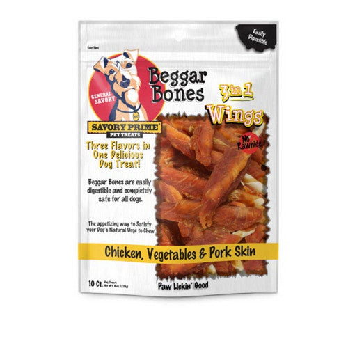 Savory Prime, Beggar Bone 3in1 Wings Dog Treat Chicken, Vegetable and Pork, 10 Count / Stick