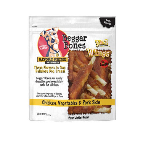 Savory Prime, Beggar Bone 3in1 Wings Dog Treat Chicken, Vegetable and Pork, 15 Count / Stick