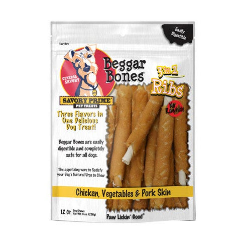 Savory Prime, Beggar Bone 3in1 Ribs Dog Treat Chicken, Vegetable and Pork, 12 Count / Stick