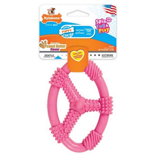 Puppy Chew Spin Tug And Play Toy Peanut Butter Pink 1 Count / Up To 35 Lbs (Medium / Wolf) by Nylabone