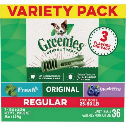 Greenies, Greenies 3-Flavor Variety Pack Dog Dental Treat, Regular,  36 Ounces, 36 Count