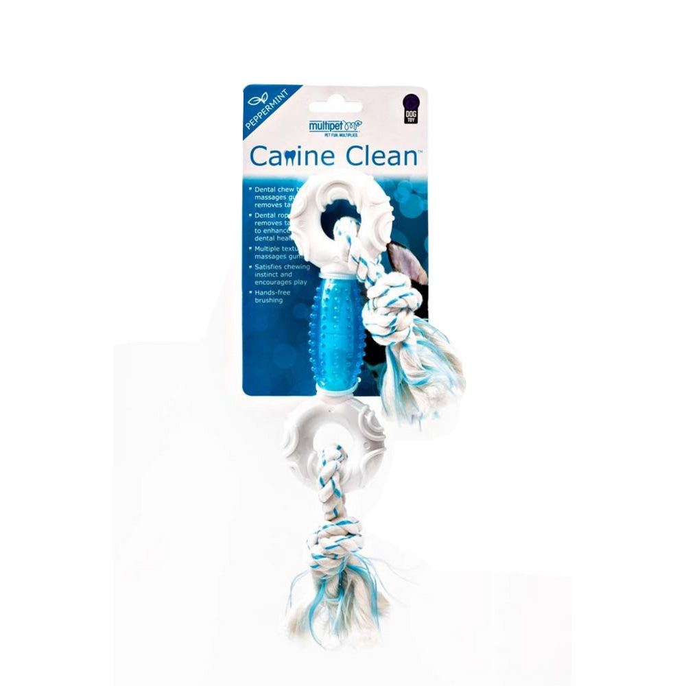 Multipet, Multipet Canine Clean Peppermint Dumbbell With TPR Core & Rope Ends Dog Toy, 1 Each / 11 Inches, Blue, White