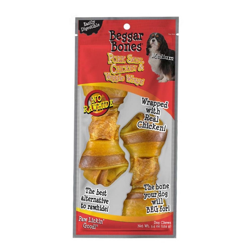 Savory Prime, Savory Prime Beggar Bones Pork Skin, Chicken & Veggie Wraps Dog Treats, 1 Each /2 Pack, Medium