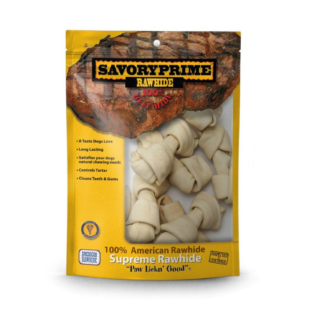 Savory Prime, Savory Prime Supreme Knotted Rawhide Bones, Bagged, Natural,  4-5 Inches, 20 Pack