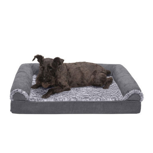 Fur Haven Pet Products, Fur Haven Pet Products Two-Tone Faux Fur & Suede Sofa Orthopedic Pet Bed, Stone Gray,  Medium