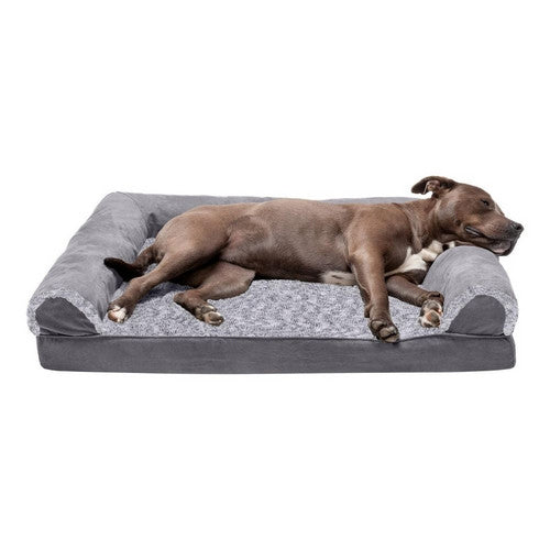 Fur Haven Pet Products, Fur Haven Pet Products Two-Tone Faux Fur & Suede Sofa Orthopedic Pet Bed, Stone Gray,  Large