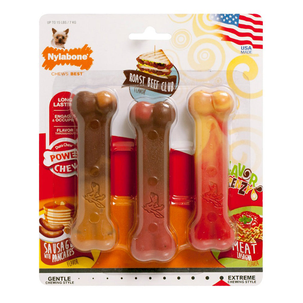 Nylabone Flavor Frenzy Power Chew Triple Pack Pancakes&Sausage,Roast Beef Club,&Lasagna,ExtraSmall/Petite-UpTo15Lbs. (3 Count) by Nylabone