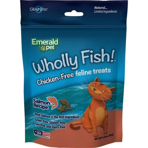 Emerald Pet, Wholly Fish! Chicken / Free Feline Treats, 3 Oz, Salmon