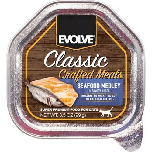 Buttons And Bows, Evolve Classic Wet Cup Cat Food, 3.5 Oz, Seafood (Case Of 15)