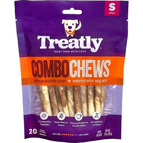 Treatly, Treatly Beefhide Combo Chews Twist Sticks W/Meat W, Small-20 Pack,Beef