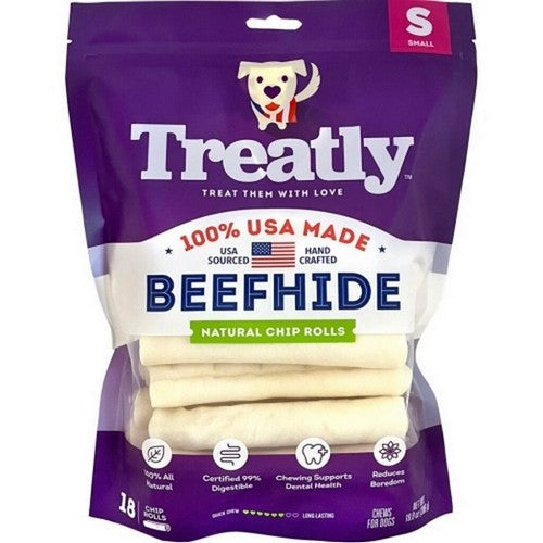 Treatly, Treatly 100% Usa Beefhide Chip Rolls, 5 IN-18 Pack,Natural