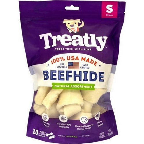 Treatly 100% Usa Beefhide Bones & Rolls Small-10 Pack,Natural by Treatly