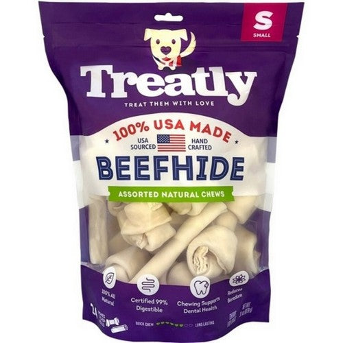 Treatly, Treatly 100% Usa Beefhide Bones & Rolls, Small-24 Pack,Natural