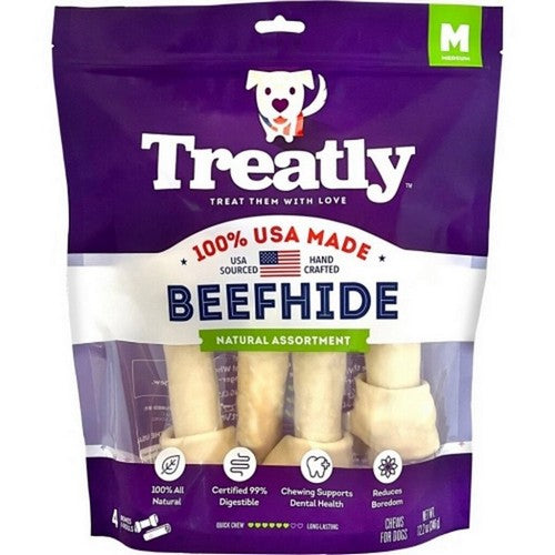 Treatly 100% Usa Beefhide Bones & Rolls Medium-4 Pack,Natural by Treatly