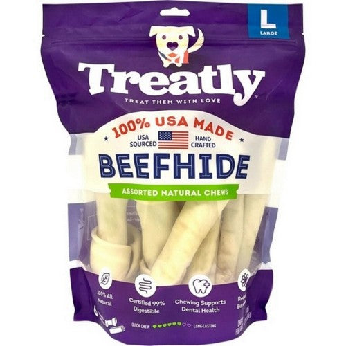 Treatly, Treatly 100% Usa Beefhide Bones & Rolls, Large-6 Pack,Natural