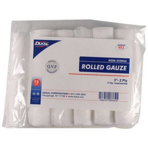 Dukal, Non-Sterile Rolled Gauze, 3 IN X 5 YD,White
