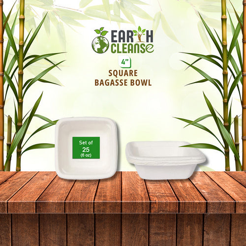 Bagasse 4-Inch Square Bowls Pack of 25 (6 Oz) by Earth Cleanse