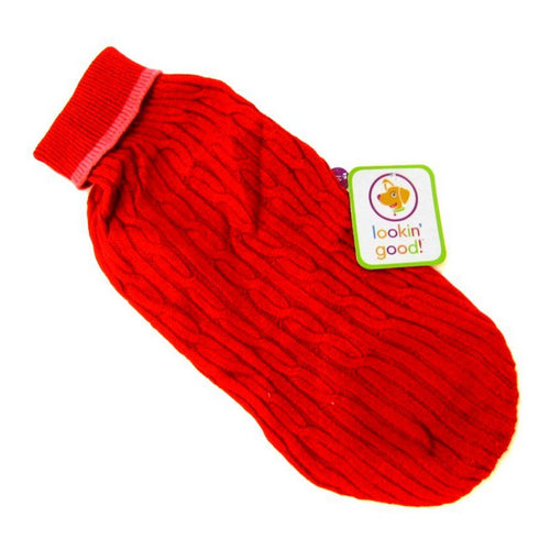 Cable Knit Dog Sweater - Red X-Small (8"-10" From Neck Base to Tail) by Fashion Pet