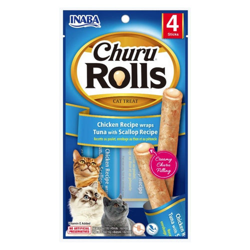 Inaba Churu Rolls Cat Treat Chicken Recipe wraps Tuna with Scallop Recipe 4 count by Inaba