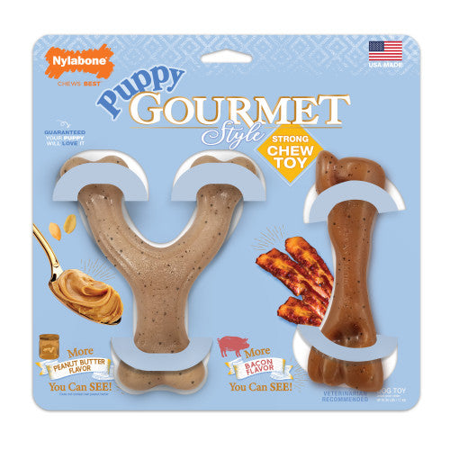 Nylabone Puppy Gourmet Style Strong Chew Toy Bundle, Bacon, Peanut Butter, 1 Each/SMall/Regular (2 Count) by Nylabone peta2z